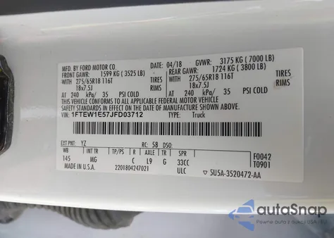 2018 Ford F-150 Xlt из США, поврежденный, VIN 1FTEW1E57JFD03712